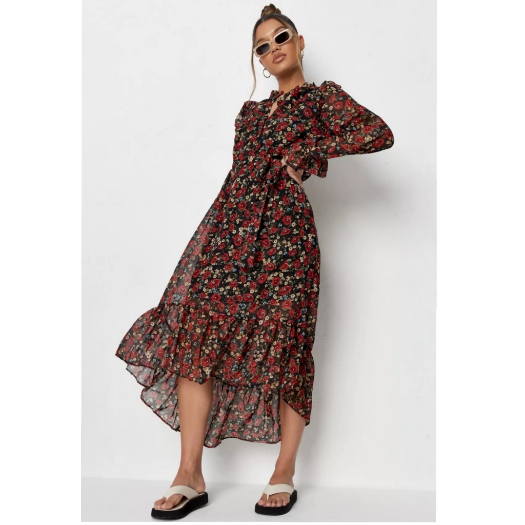 Tall Missguided Black Floral Frill Smock Dress